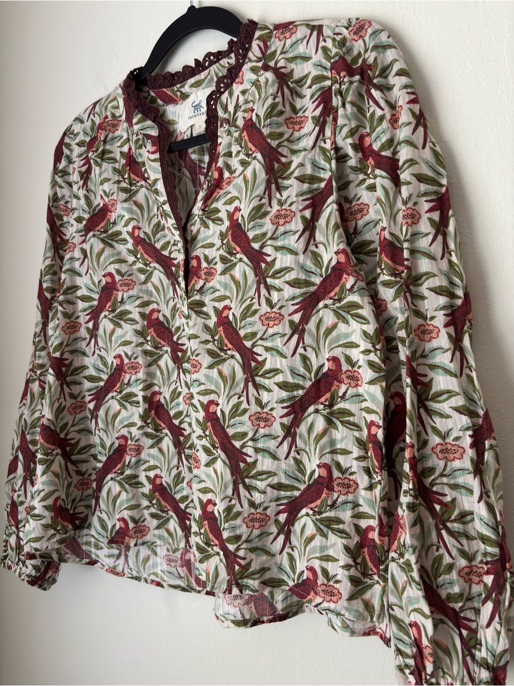 Printfresh On The Books Blouse - Birdsong Latte Foam Size Small Scallop Trim - Picture 3 of 10
